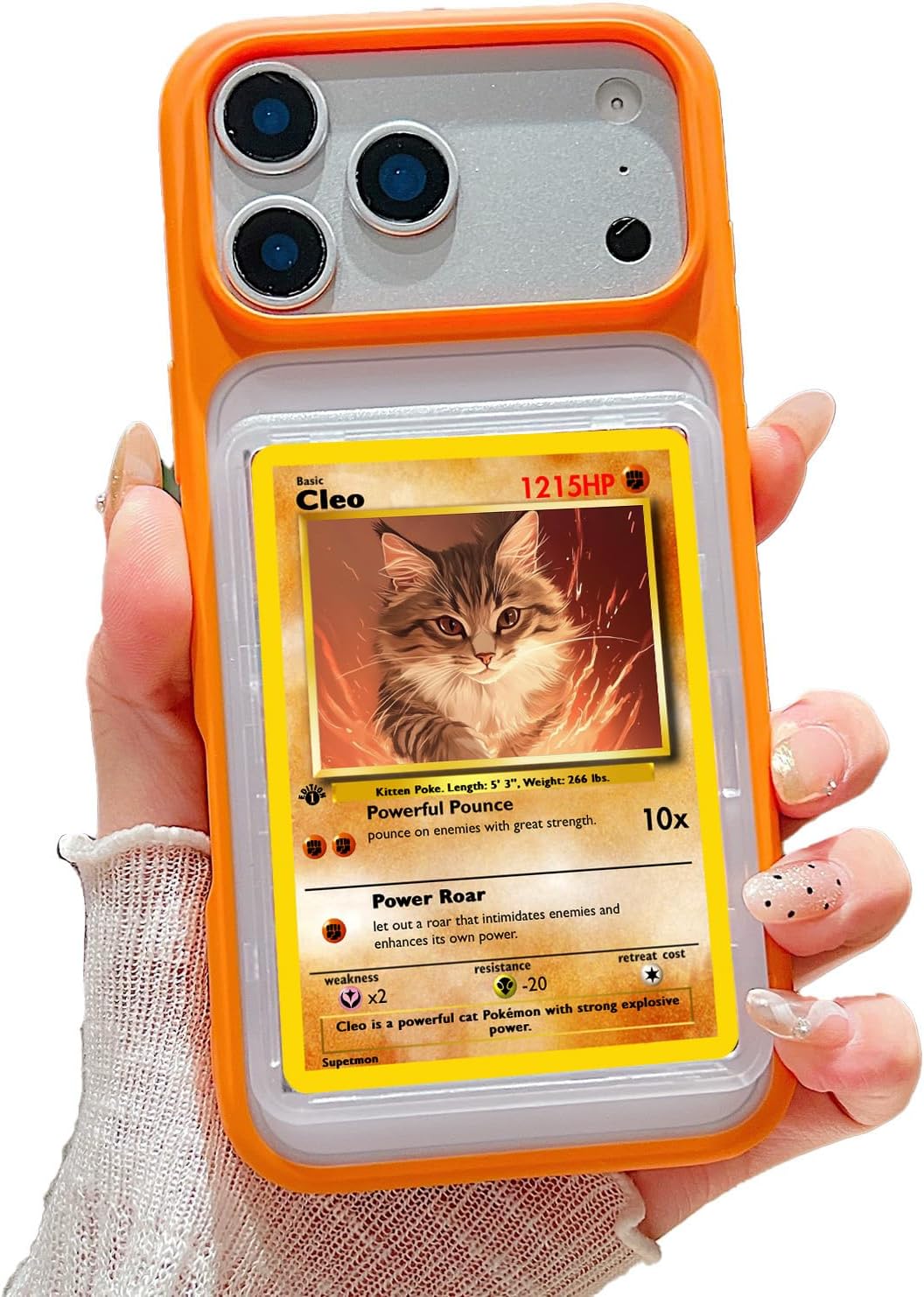 Orange card display phone case for iPhone with cat trading card - SuprPetrix
