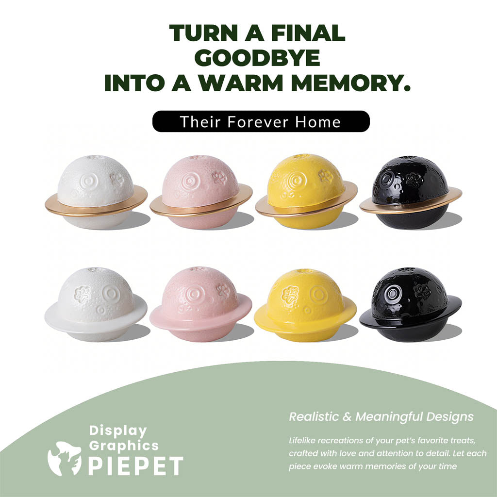 Colorful pet urns with text about creating warm memories for pets, displayed by PIEPET.