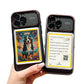 Two phone cases with a dog card and text on a white background