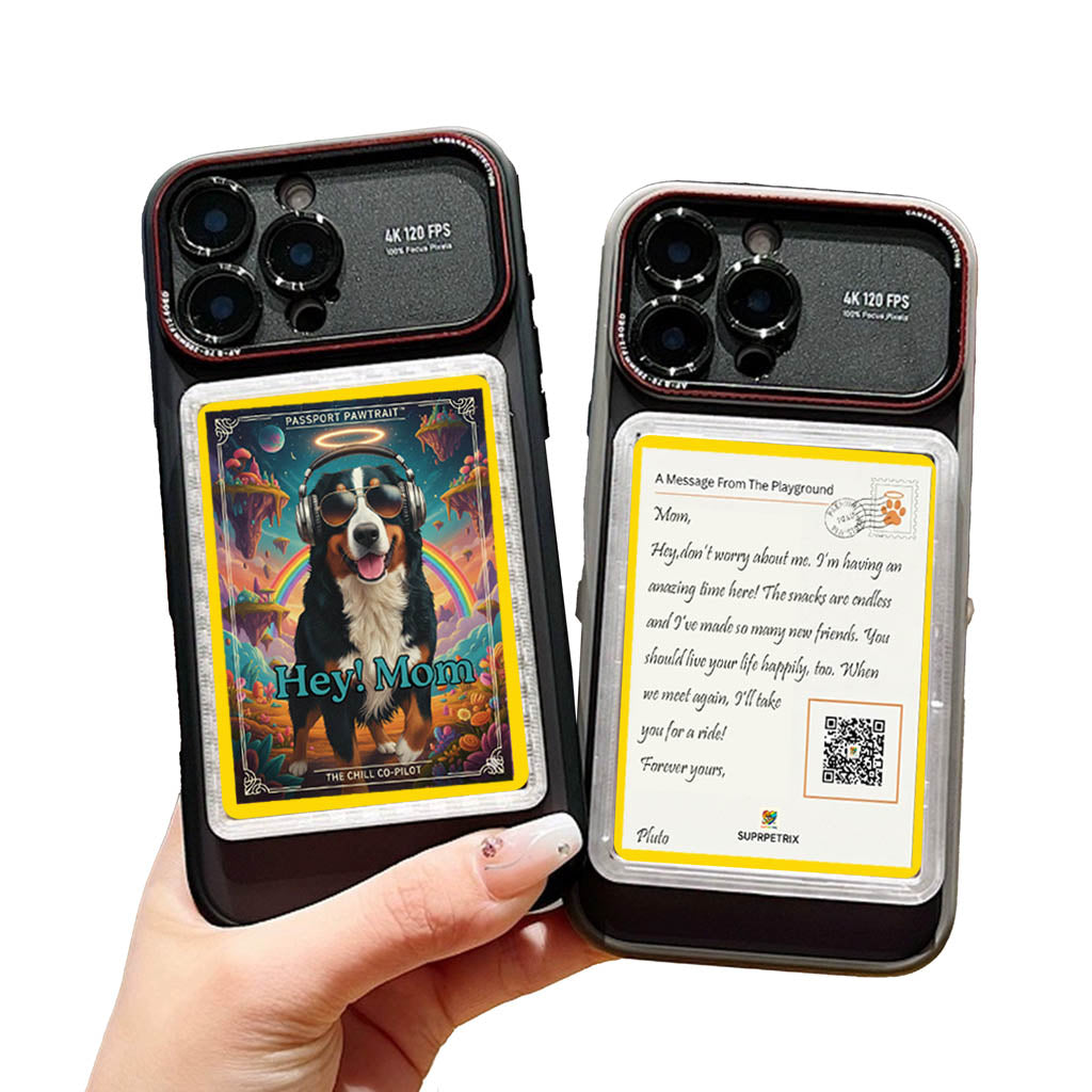 Two phone cases with a dog card and text on a white background