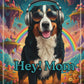 Dog with headphones and sunglasses in a fantastical landscape with 'Hey! Mom' text