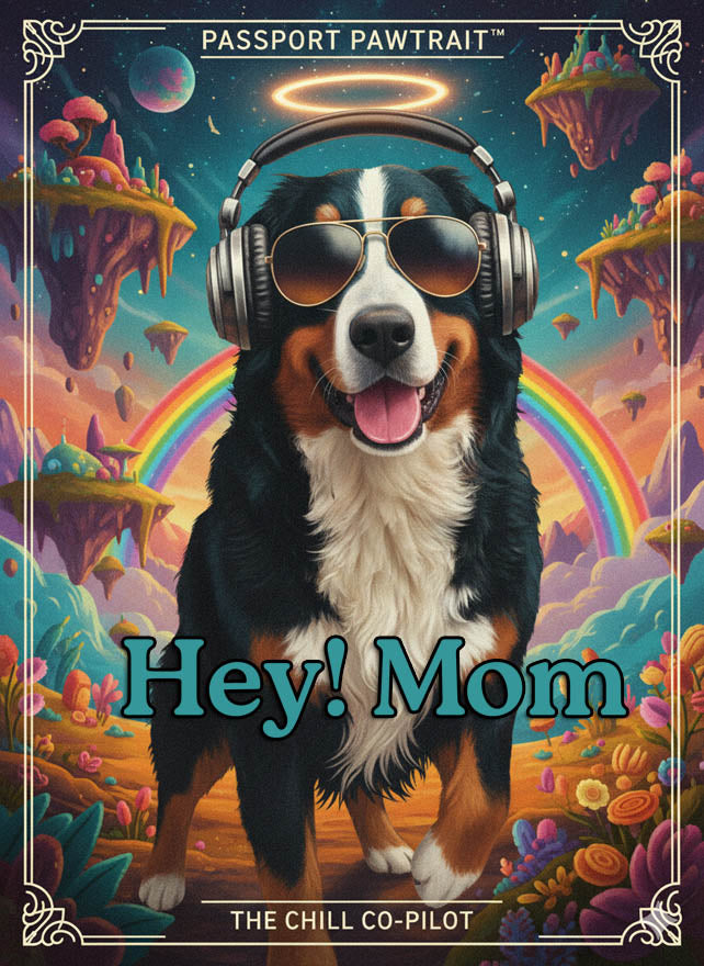 Dog with headphones and sunglasses in a fantastical landscape with 'Hey! Mom' text
