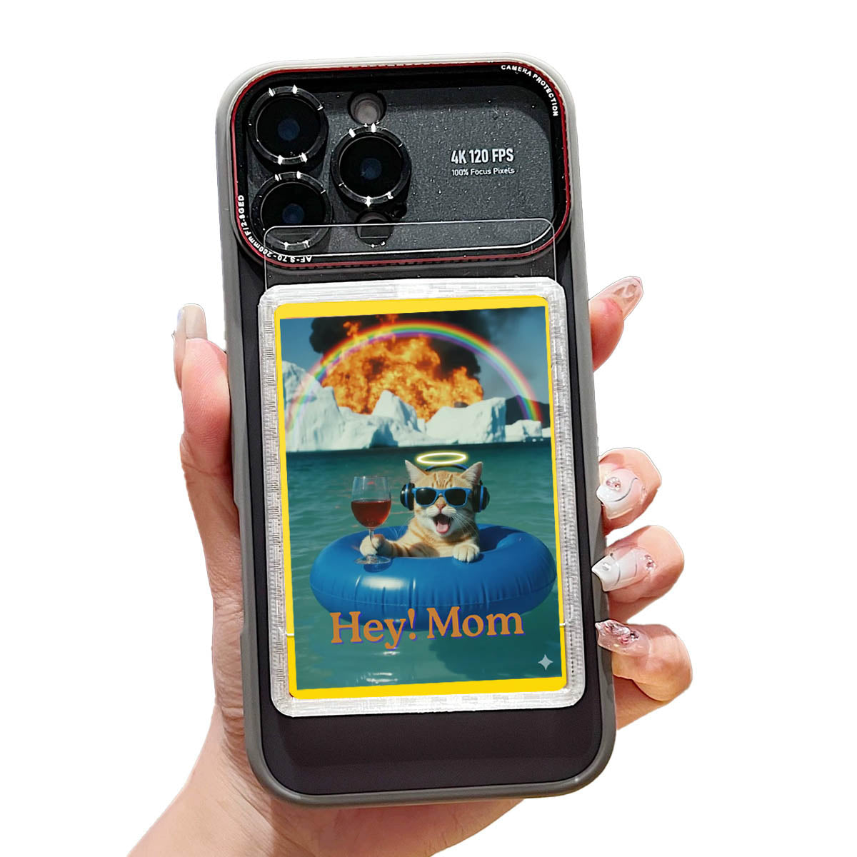 Phone case with a humorous design of a dog on an inflatable ring with text 'Hey! Mom' held by a hand.
