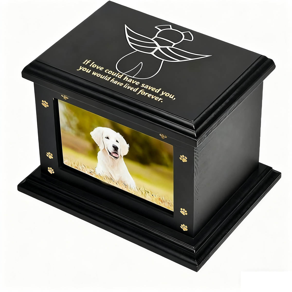 Black pet urn with a photo of a dog and an engraved message on a white background