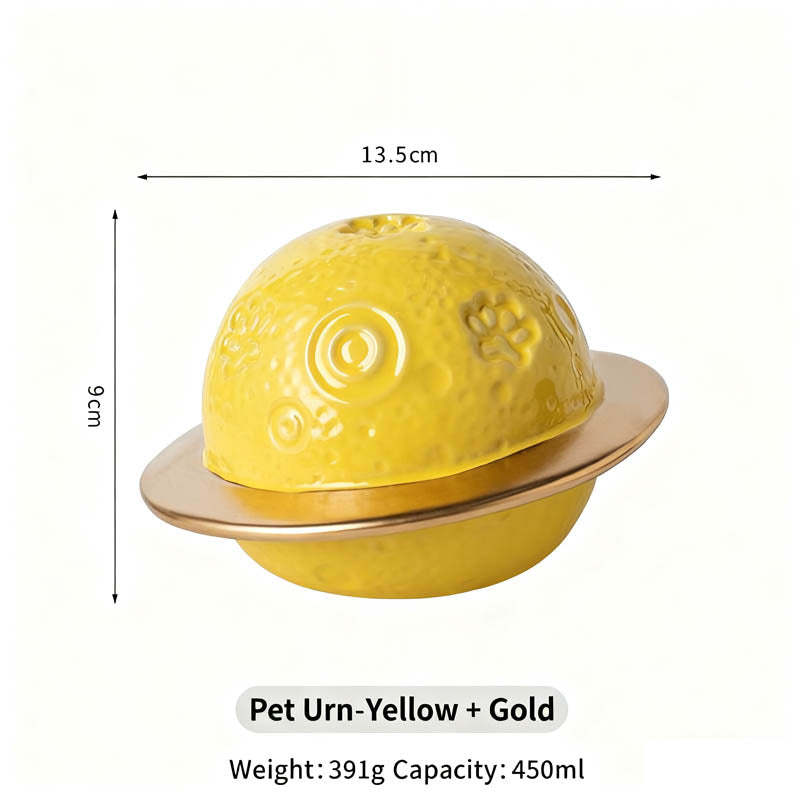 Yellow pet urn with gold accents and measurements on a white background