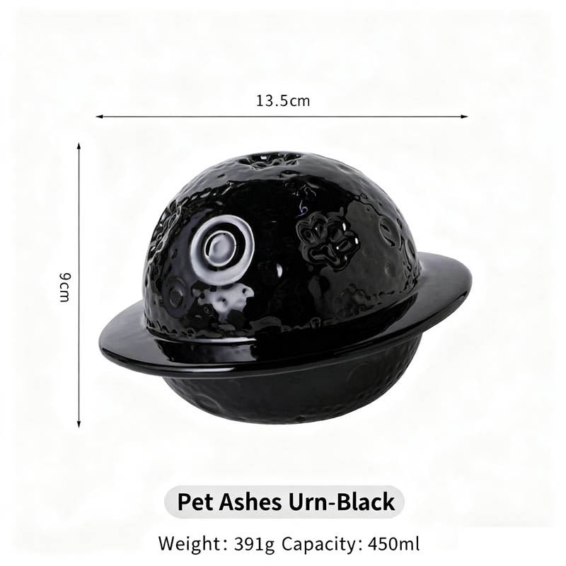 Black pet ashes urn with dimensions and weight information on a white background