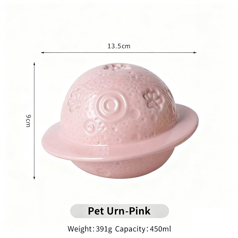 Pink pet urn with dimensions and weight on a white background