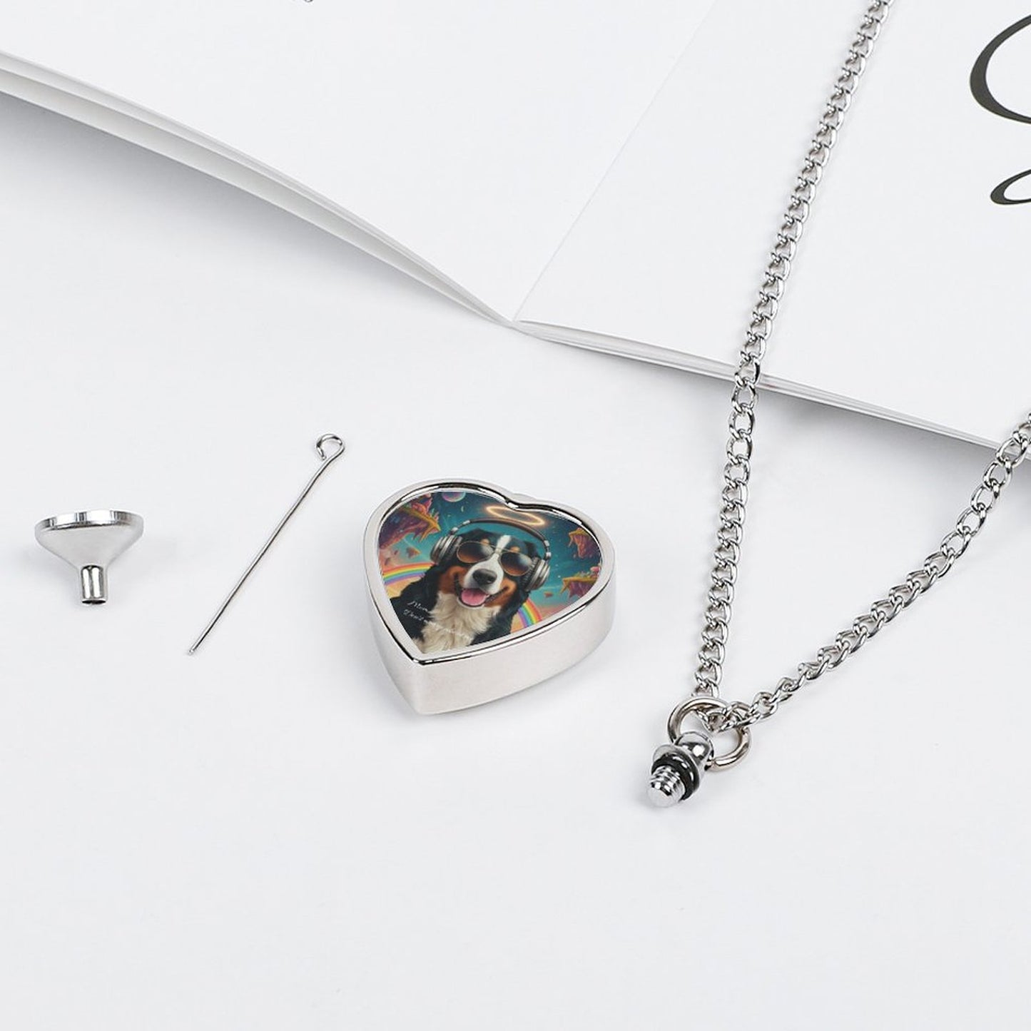 Heart-shaped photo locket with a dog's face on a white surface