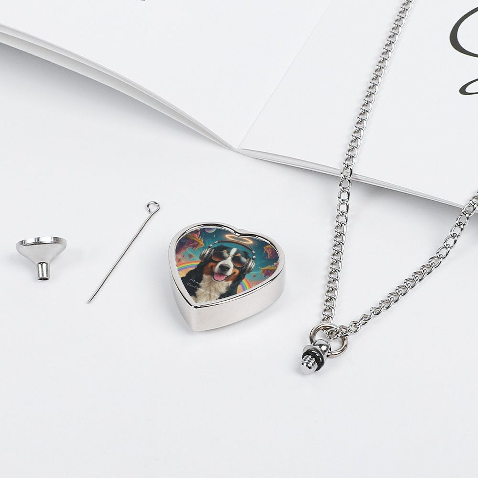 Heart-shaped photo locket with a dog's face on a white surface