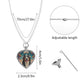 Heart-shaped pendant necklace with dog illustration, adjustable chain, and measurement details on a white background.