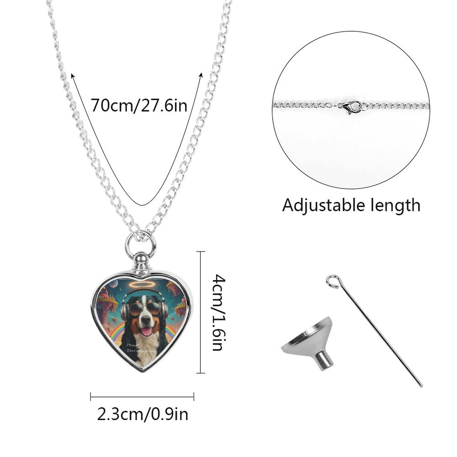 Heart-shaped pendant necklace with dog illustration, adjustable chain, and measurement details on a white background.