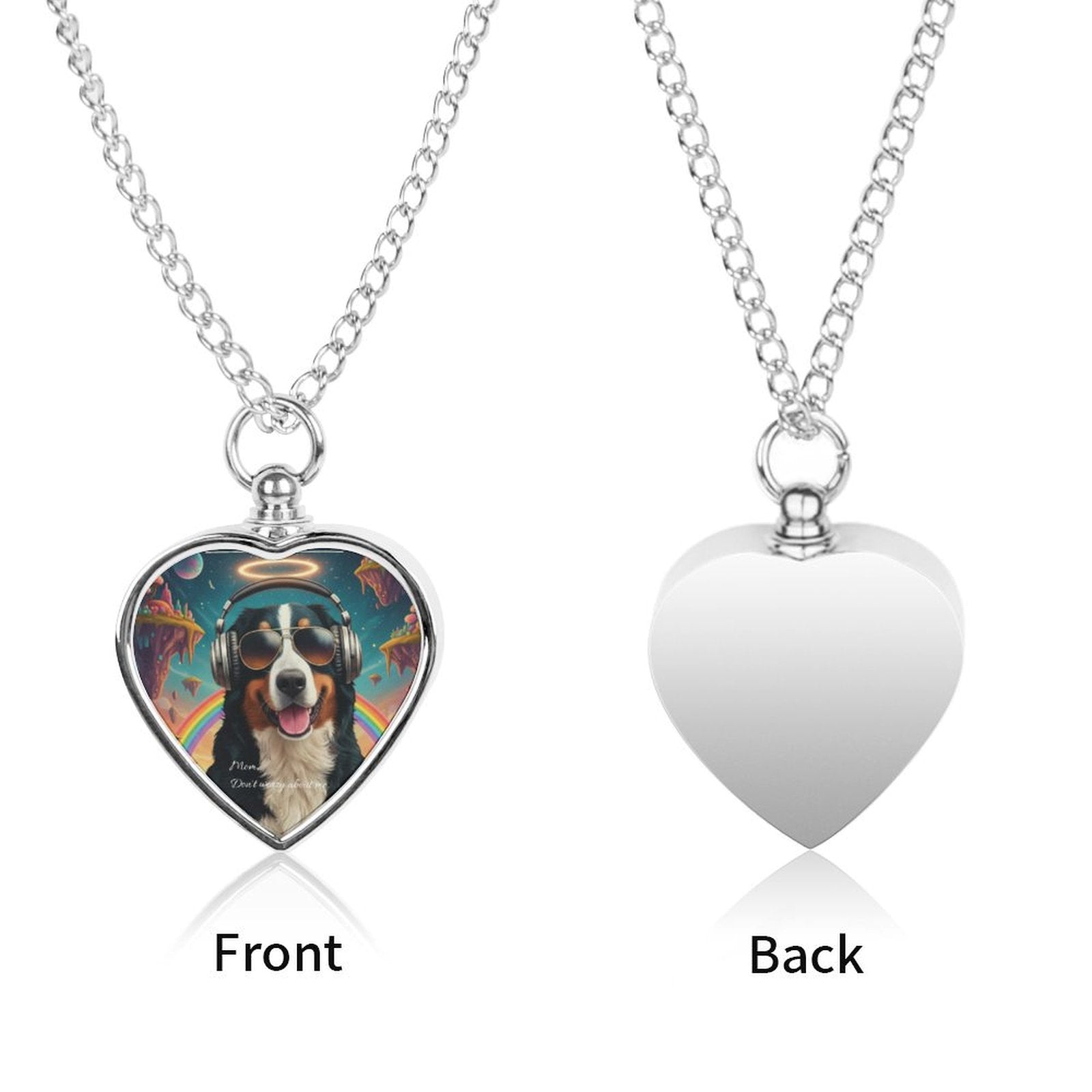 Heart-shaped pendant necklace with front and back views on a white background