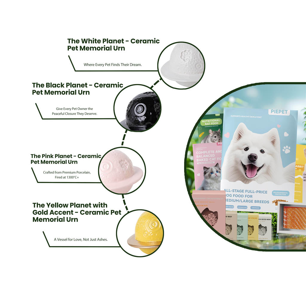 Ceramic pet memorial urns with product images and text on a white background