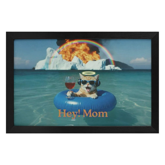 Cat in an inner tube with a glass of wine, surrounded by a rainbow and explosion, with 'Hey! Mom' text.