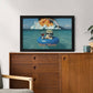 TV on a wooden cabinet with a humorous dog graphic and text 'Hey! Mom' displayed.