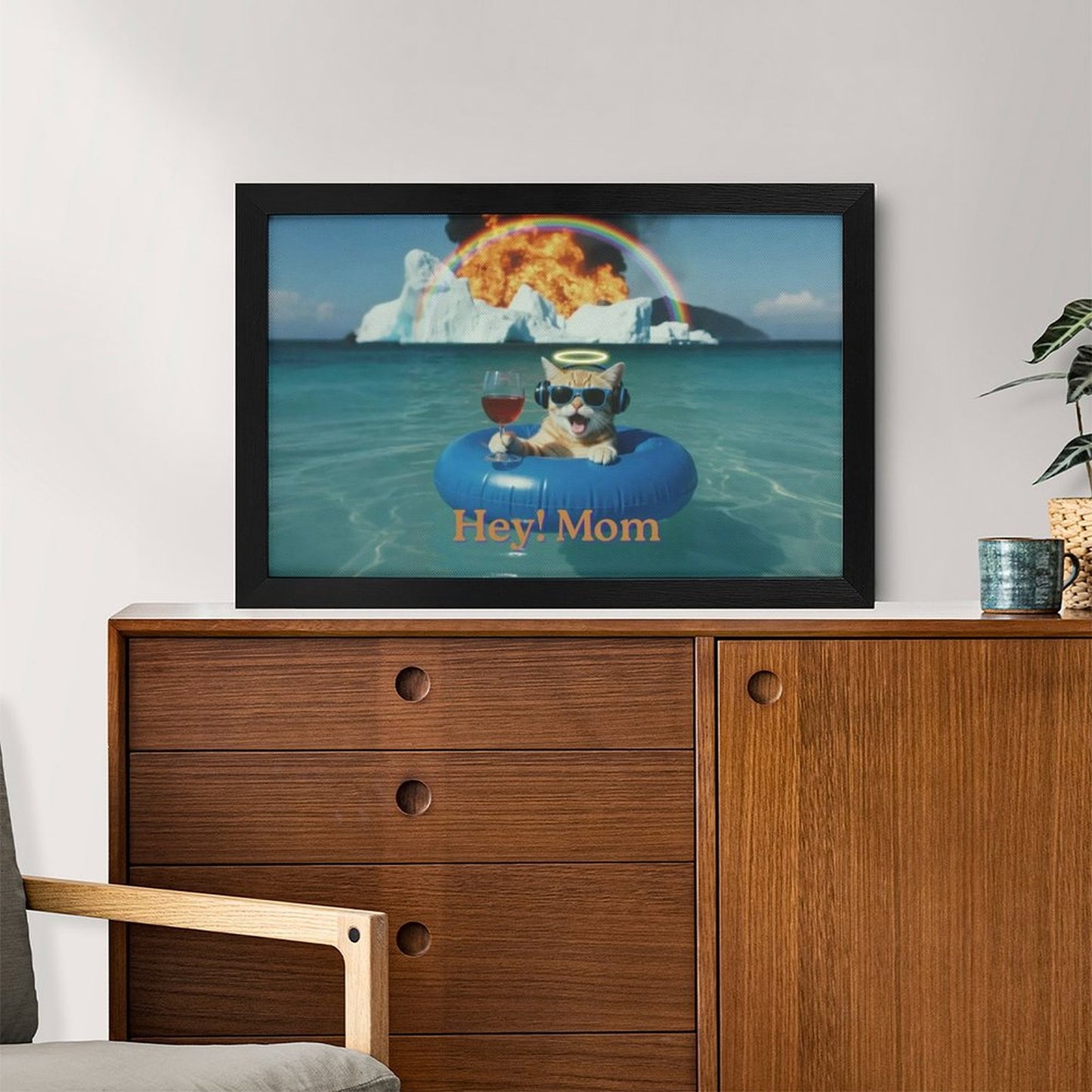 TV on a wooden cabinet with a humorous dog graphic and text 'Hey! Mom' displayed.