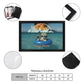 Framed artwork with a dog in a pool and text 'Hey! Mom' surrounded by product details on a white background.