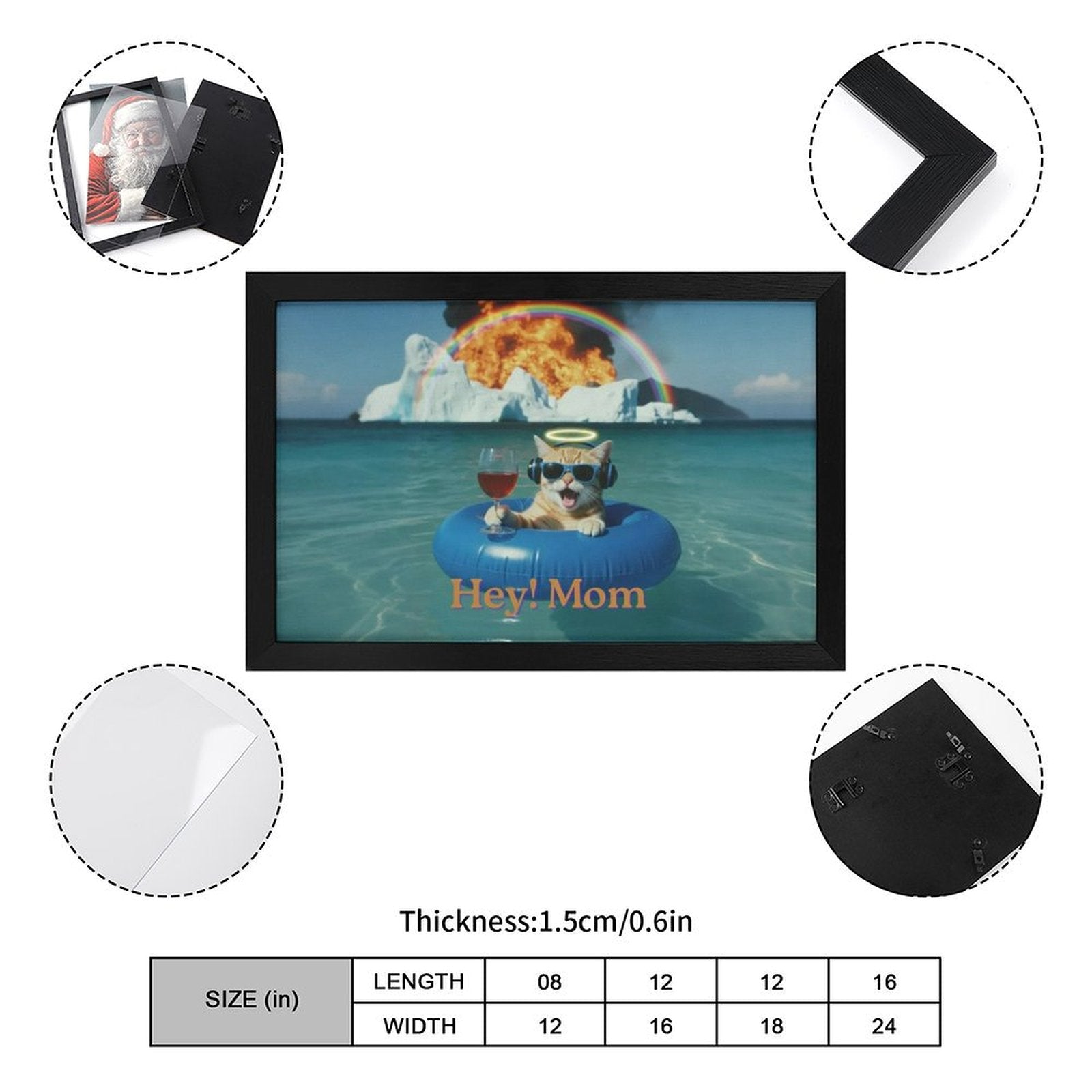 Framed artwork with a dog in a pool and text 'Hey! Mom' surrounded by product details on a white background.