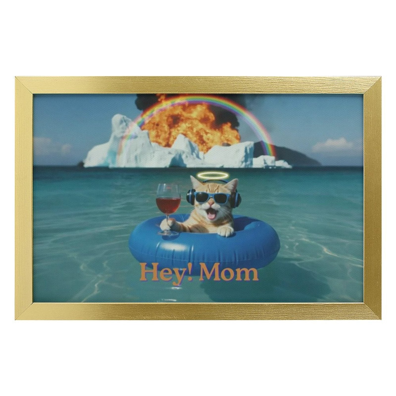 Cat on an inflatable ring with a glass of wine, surrounded by a rainbow and explosion, with 'Hey! Mom' text.