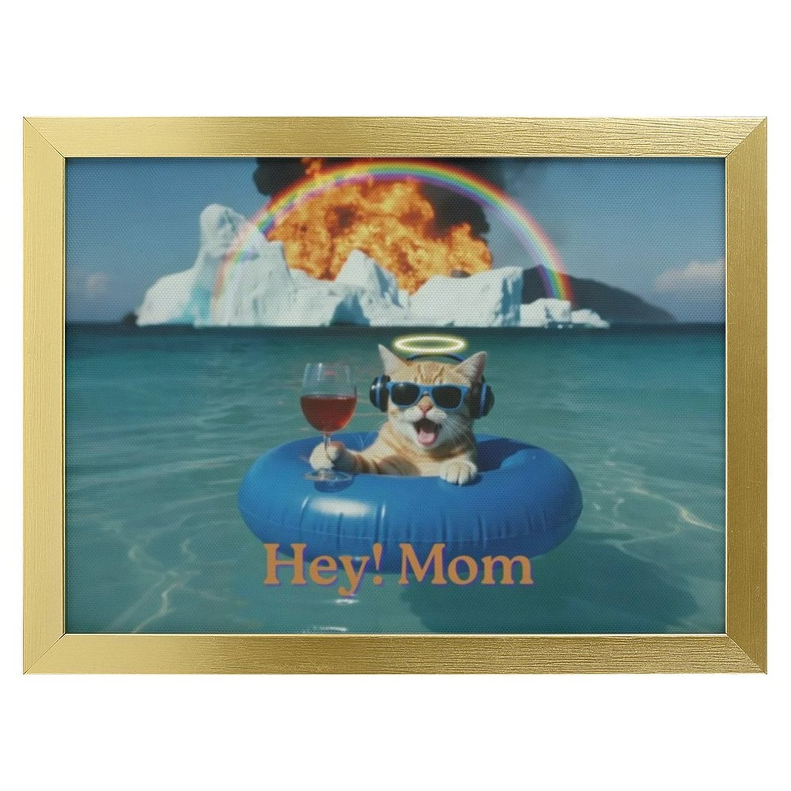 Cat on a life buoy with a glass of wine, surrounded by a nuclear explosion and rainbow, with 'Hey! Mom' text.