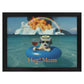 Cat in a life buoy with a glass of wine, surrounded by a rainbow and explosion, with 'Hey! Mom' text.