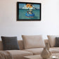 Living room with a beige sofa, decorative pillows, and a framed picture of a dog in a pool on the wall.