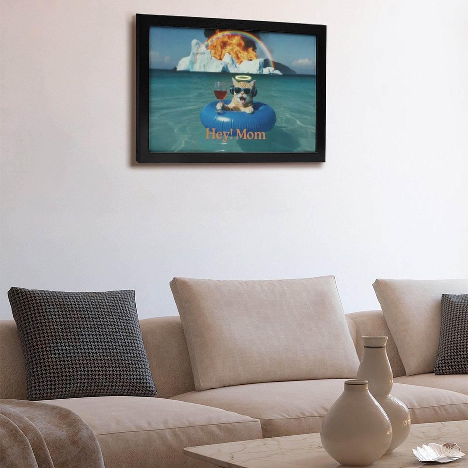 Living room with a beige sofa, decorative pillows, and a framed picture of a dog in a pool on the wall.