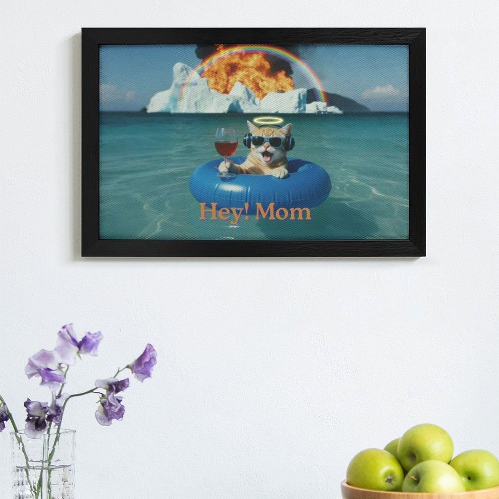 Framed artwork with a dog on an inflatable ring in water, surrounded by apples and flowers.