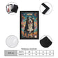 Framed artwork of a dog with colorful background and text, surrounded by product details.