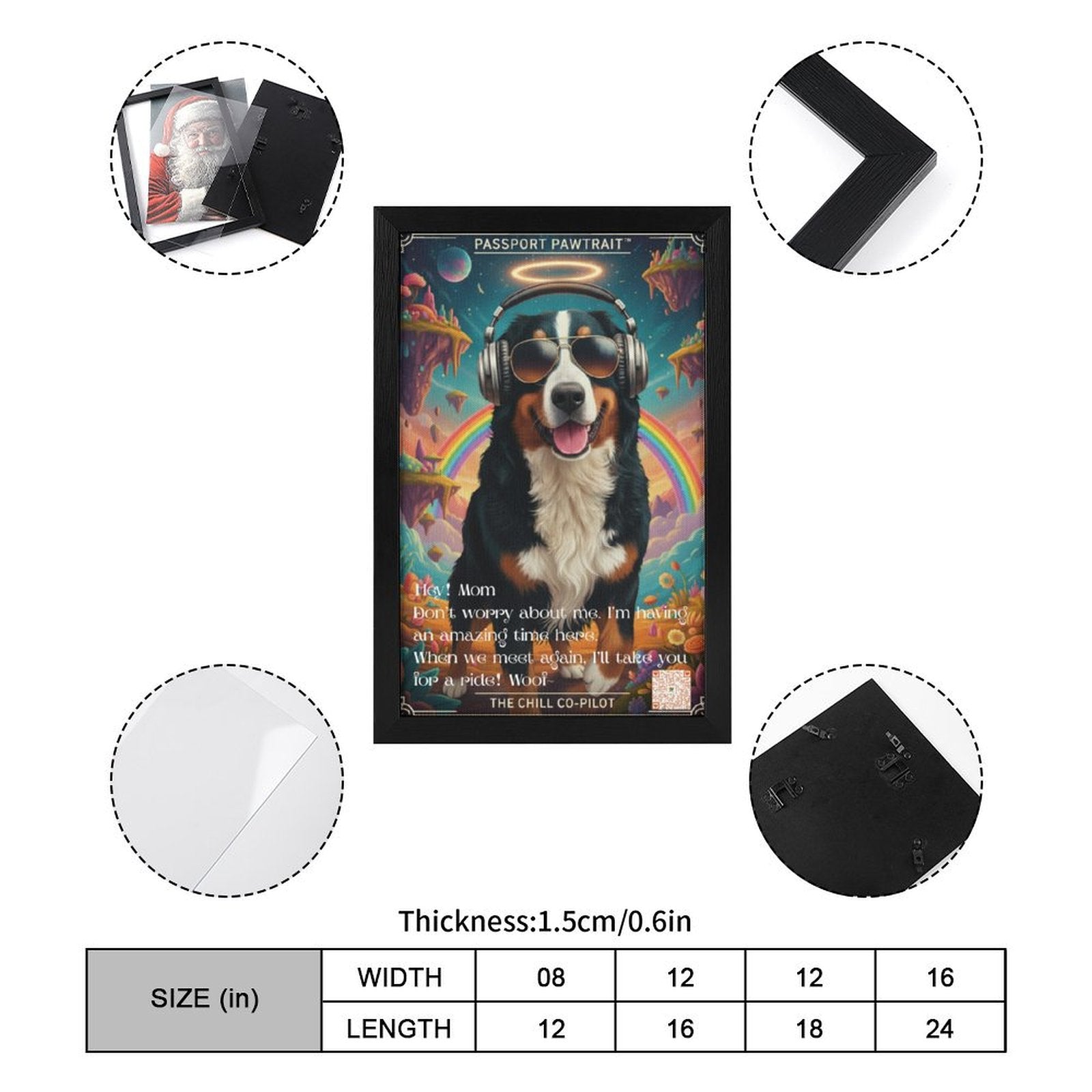 Framed artwork of a dog with colorful background and text, surrounded by product details.
