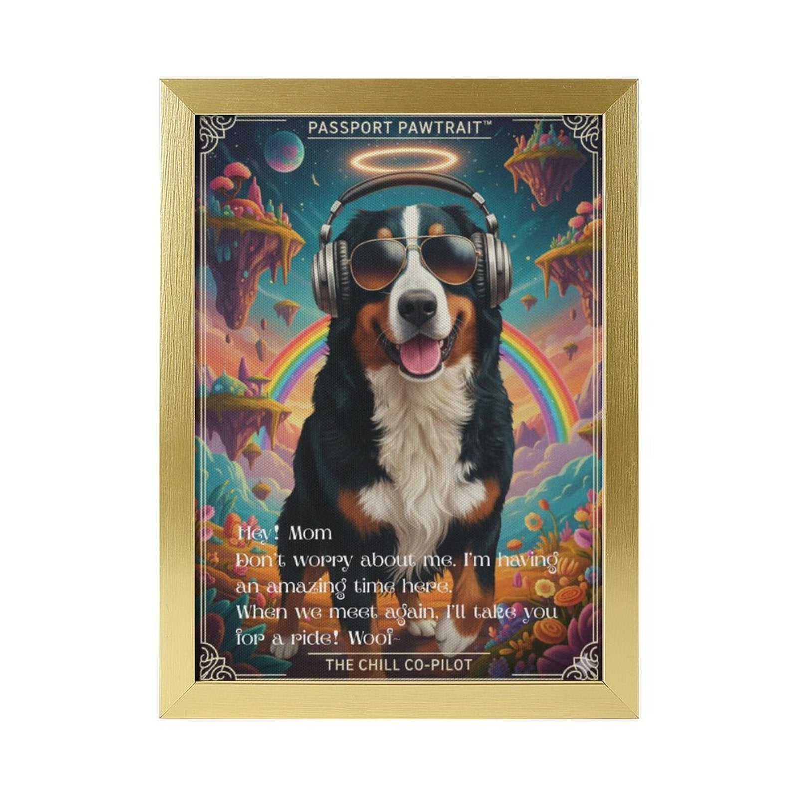 Framed artwork of a dog with sunglasses and headphones on a colorful background