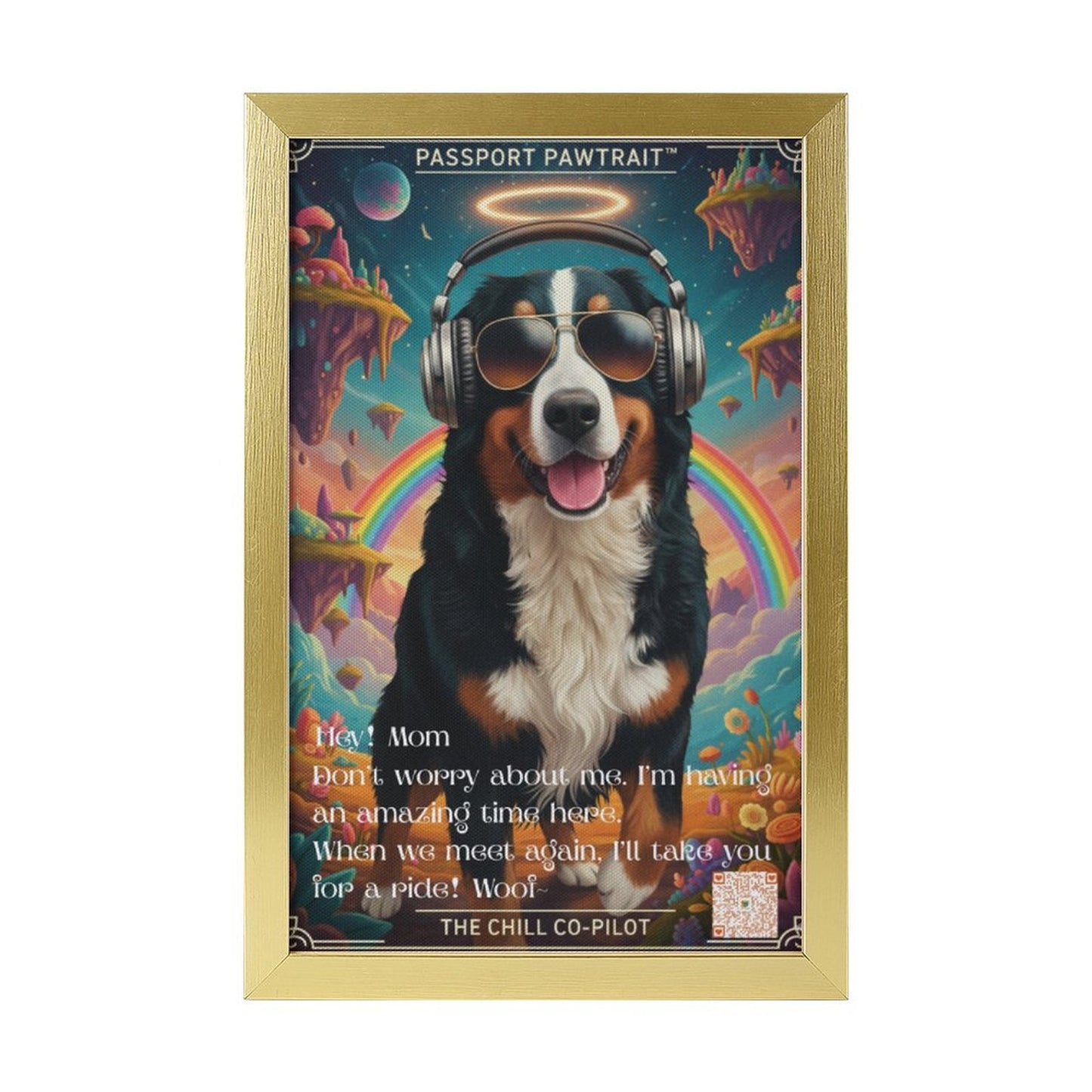 Framed artwork of a dog with sunglasses and headphones against a colorful background.