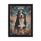 Framed artwork of a dog with sunglasses and headphones in a colorful, psychedelic-style background.