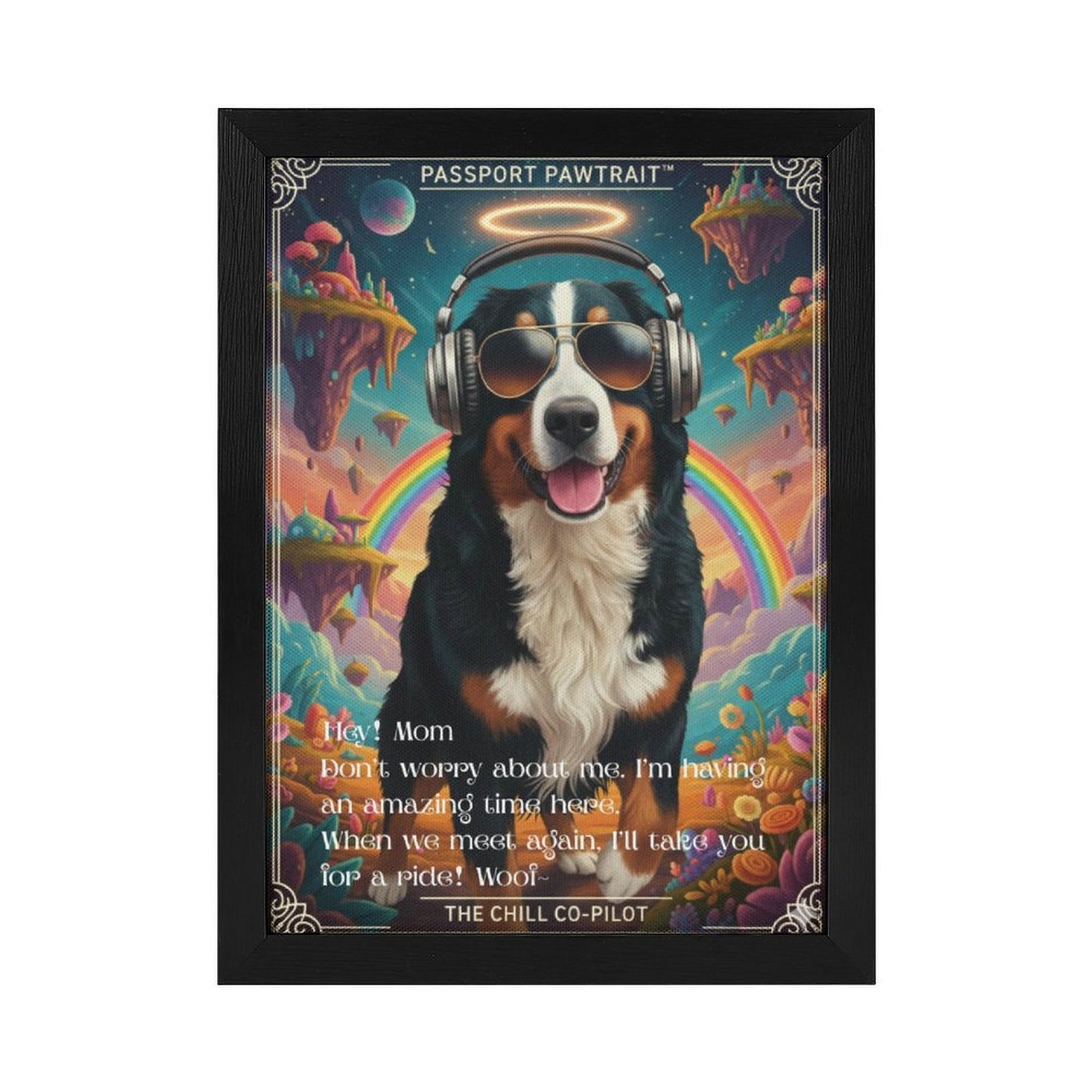 Framed artwork of a dog with sunglasses and headphones in a colorful, psychedelic-style background.