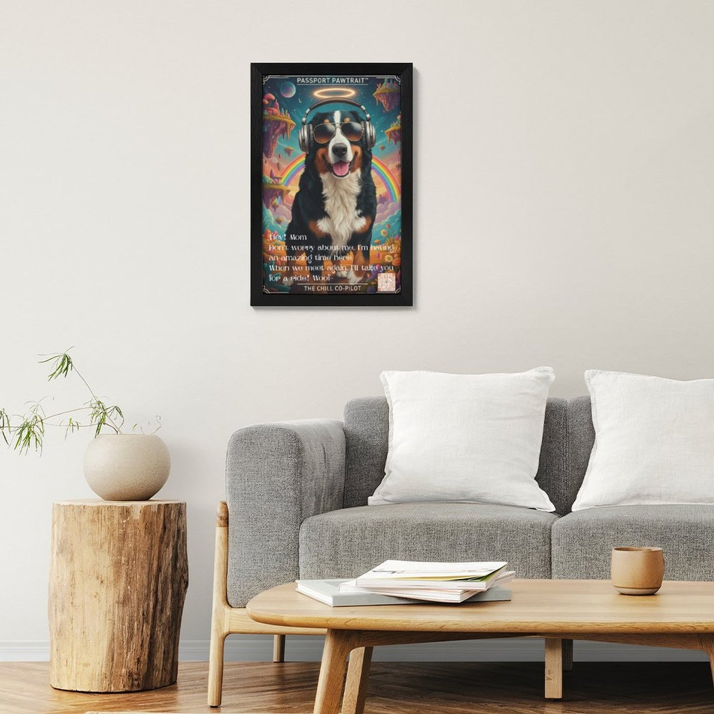 Living room with a gray sofa, wooden coffee table, and a framed poster of a dog wearing headphones on the wall.