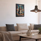 Living room with a beige sofa, decorative pillows, a coffee table with a vase and plant, and a colorful dog poster on the wall.