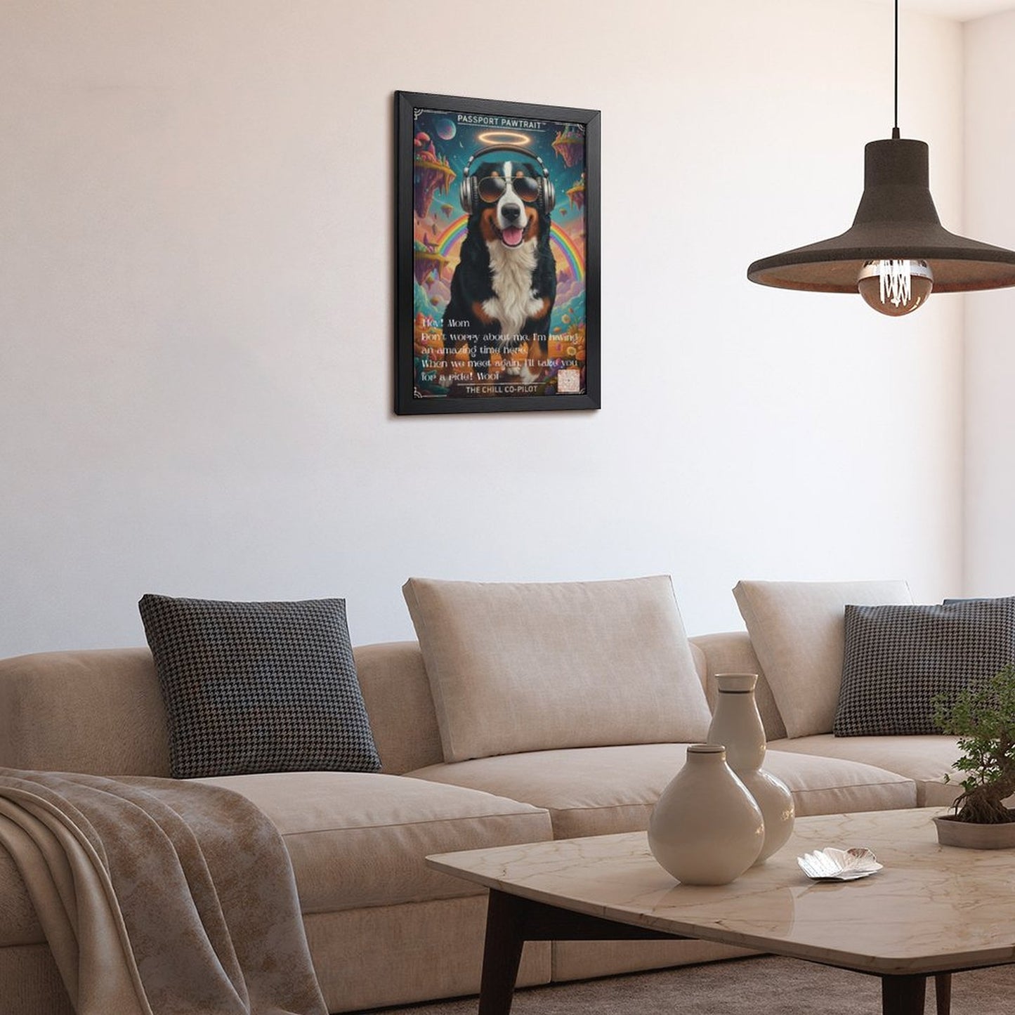 Living room with a beige sofa, decorative pillows, a coffee table with a vase and plant, and a colorful dog poster on the wall.