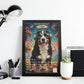 Framed artwork of a dog with sunglasses and headphones on a colorful background, placed on a desk with office supplies.