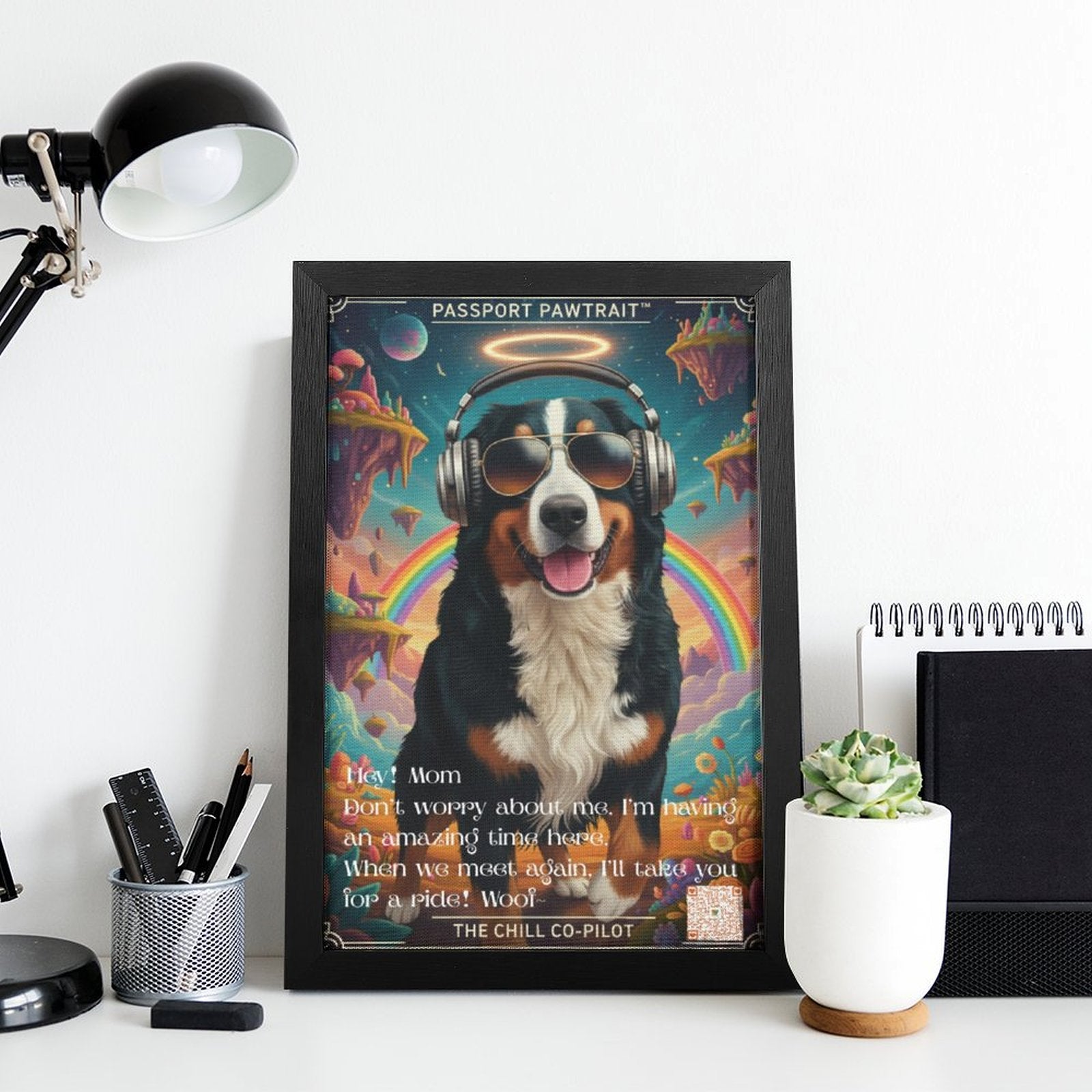 Framed artwork of a dog with sunglasses and headphones on a colorful background, placed on a desk with office supplies.