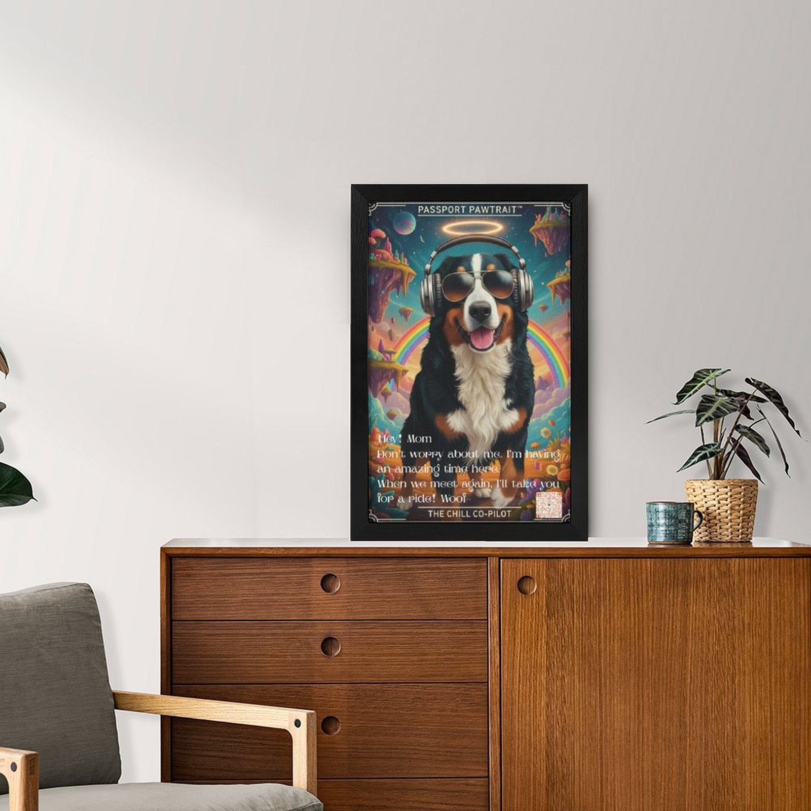 Framed artwork of a dog with headphones on a wall above a wooden cabinet.