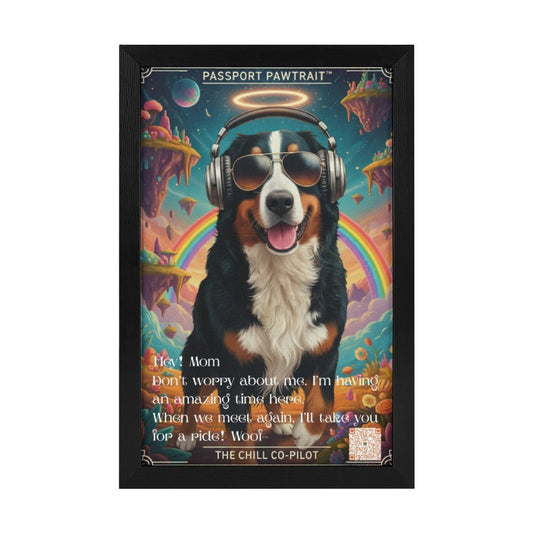 Framed artwork of a dog with sunglasses and headphones against a colorful background.