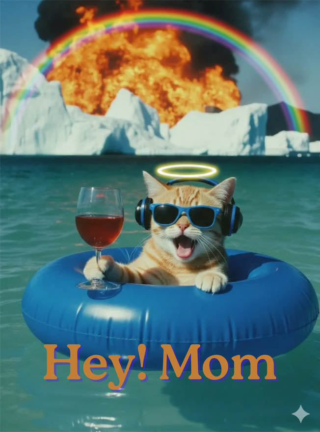 Cat in a blue inner tube with a glass of wine, surrounded by a rainbow and explosion, with 'Hey! Mom' text.