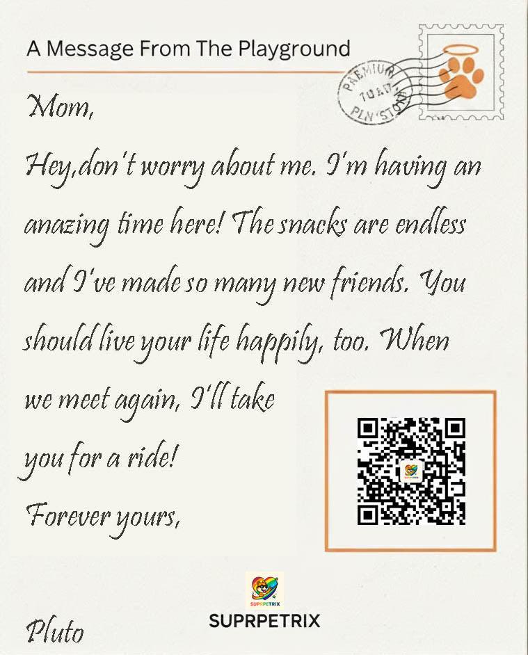 Message from a pet on a postcard with a QR code and Suprpetrix logo.